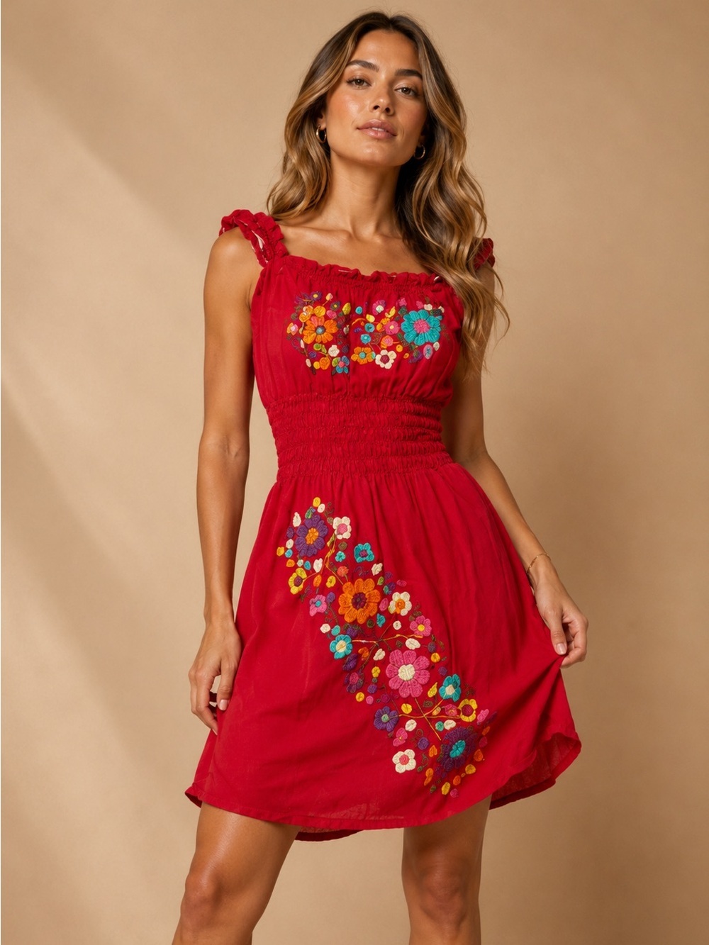 Red Embroidered Boho Floral Smocked Mini Dress Women's Small Festival